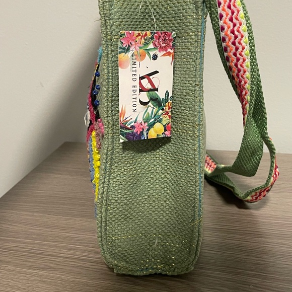 America & Beyond Embroidered Rainbow Evil Eye Design Green Tote Handbag - Picture 7 of 10